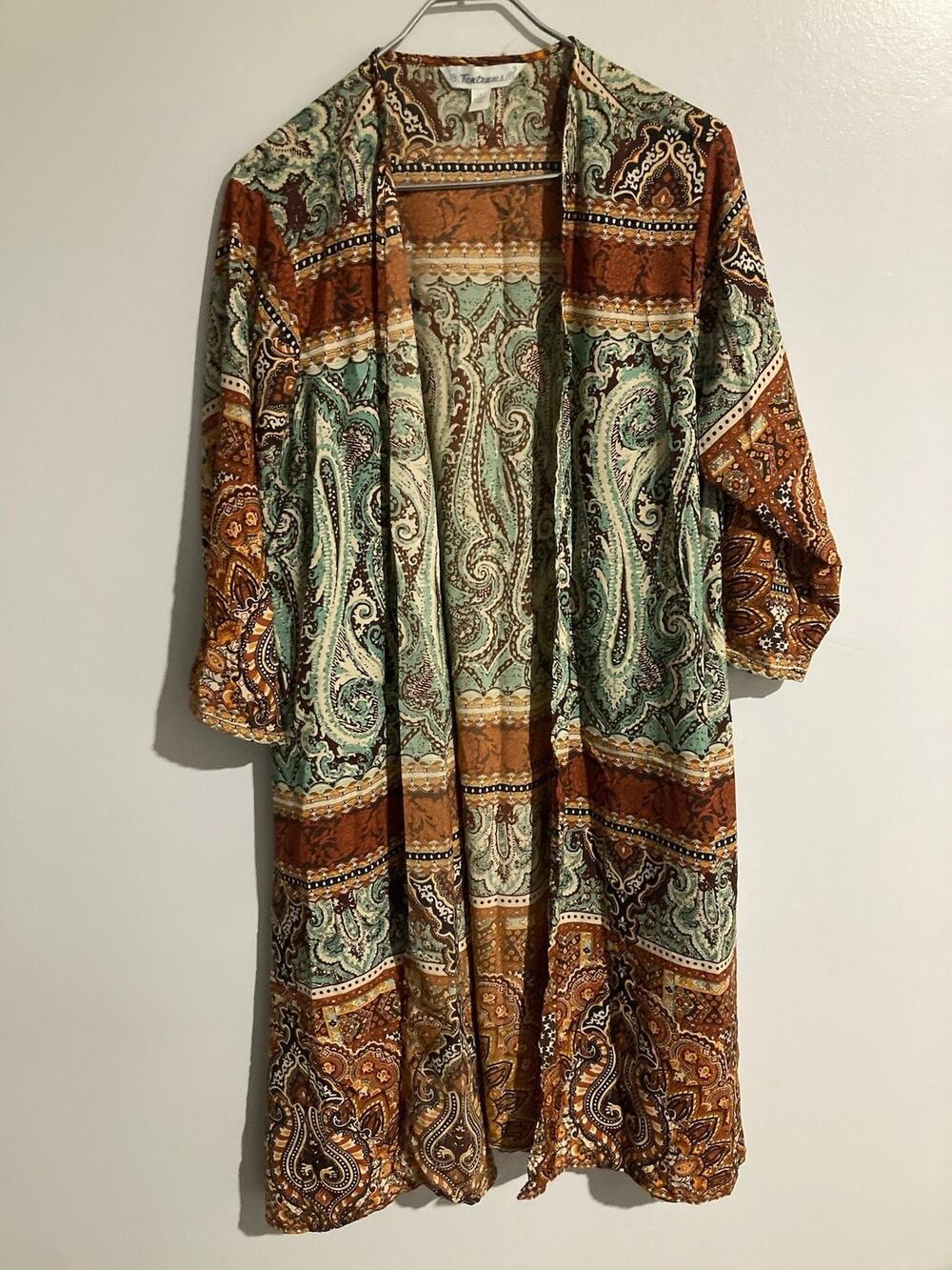 Tantrums Coatigan Womens L Green Paisley Kimono Open Lightweight Chiffon